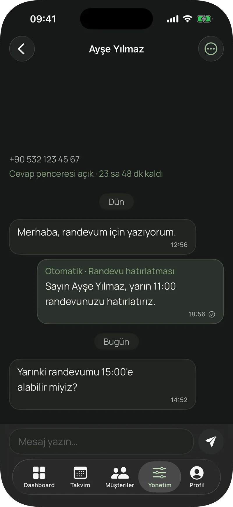 WhatsApp konuşması: danışan mesajı ve otomatik randevu hatırlatması